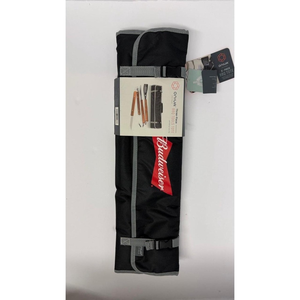 ONIVA 3-Piece BBQ Tool Set w/ Fold-Up Carry Tote, Wood Handle, SS Head